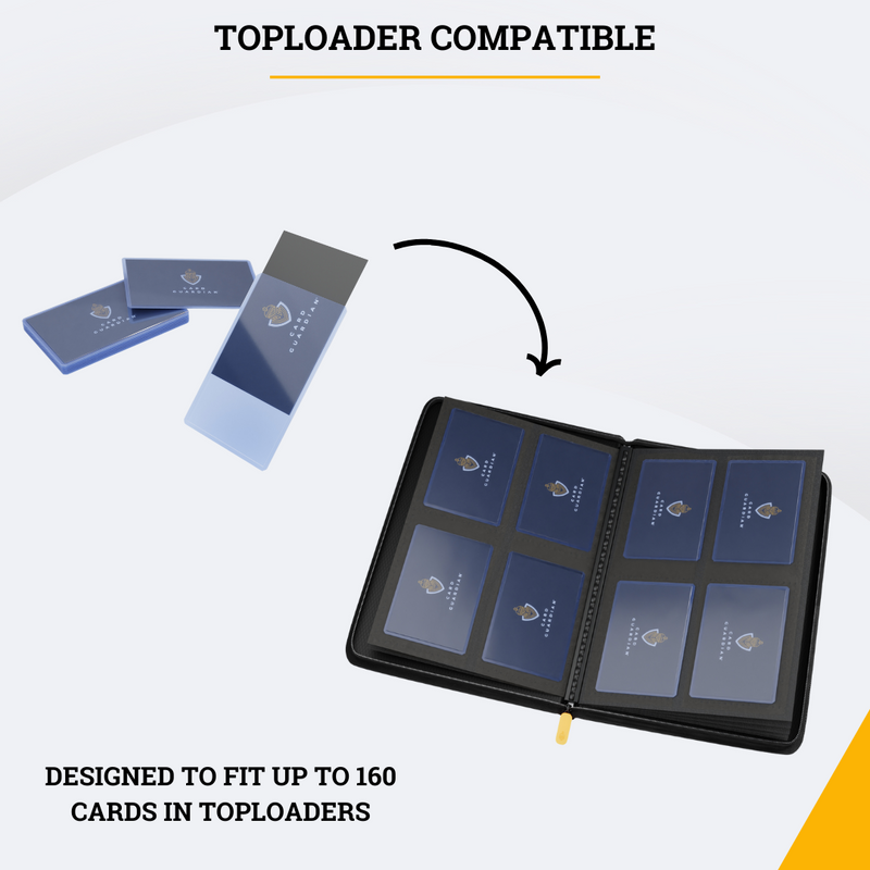 Card Guardian - Toploader 4 Pocket Premium Binder with Zipper for 160 Cards - Side Loaded Pockets - Compatible with Sports and Trading Cards TCG