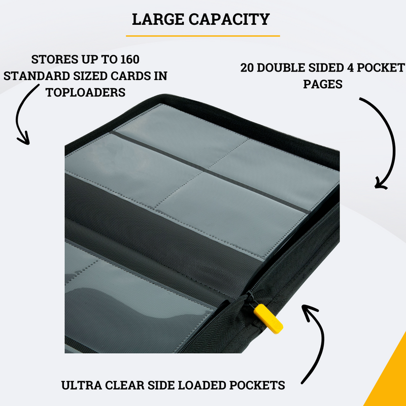 Card Guardian - Toploader 4 Pocket Premium Binder with Zipper for 160 Cards - Side Loaded Pockets - Compatible with Sports and Trading Cards TCG